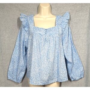 New J.Crew Top Blouse XL Square Neck Lg Sleeve Ruffle Blue Petite Floral Preppy